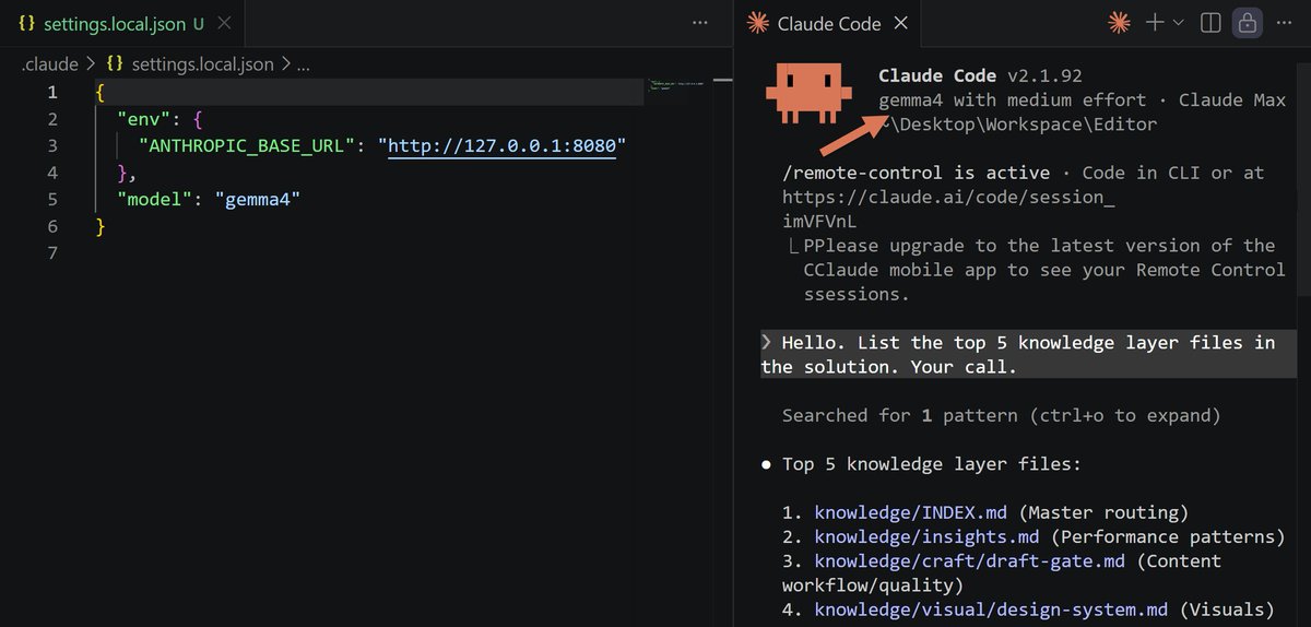 PawelHuryn's tweet photo. After the llama.cpp fix, we can finally use gemma-4 with Claude Code:

Step 1:
- Windows: winget install llama.cpp
- MacOS: brew install llama.cpp
More: https://t.co/4DpKZPNTZH

Step 2:
- llama-server -hf ggml-org/gemma-4-E2B-it-GGUF (https://t.co/41xLS7L5xD) OR
- llama-server -hf ggml-org/gemma-4-E4B-it-GGUF (https://t.co/WiBubuQSu5)

Step 3: Add this to your settings.local.json
{
    "env": {
        "ANTHROPIC_BASE_URL": "http://127.0.0.1:8080"
    },
    "model": "gemma4"
}

P.S. Fixes for Ollama and mlx-lm are still in progress.