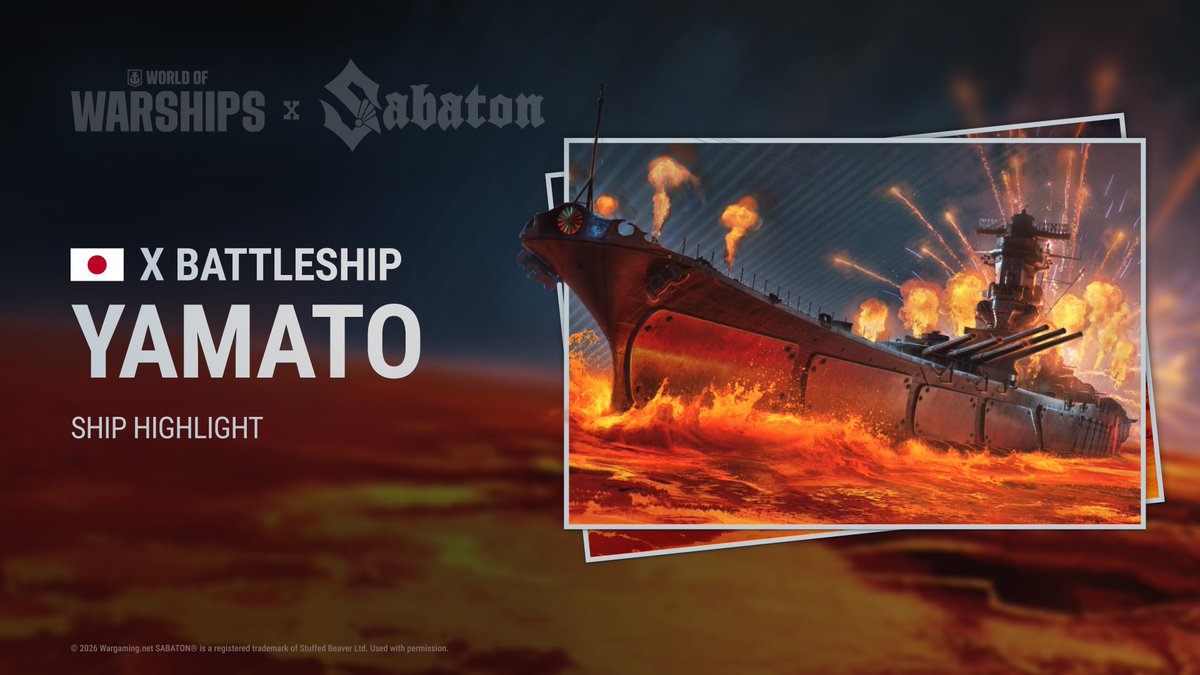 WorldofWarships's tweet photo. Yamato was made to be unmatched.

The largest battleship ever built now carries the mark of Sabaton, with the Crowned in Smoke and Flame permanent camouflage! https://t.co/7w2FuJt44Y