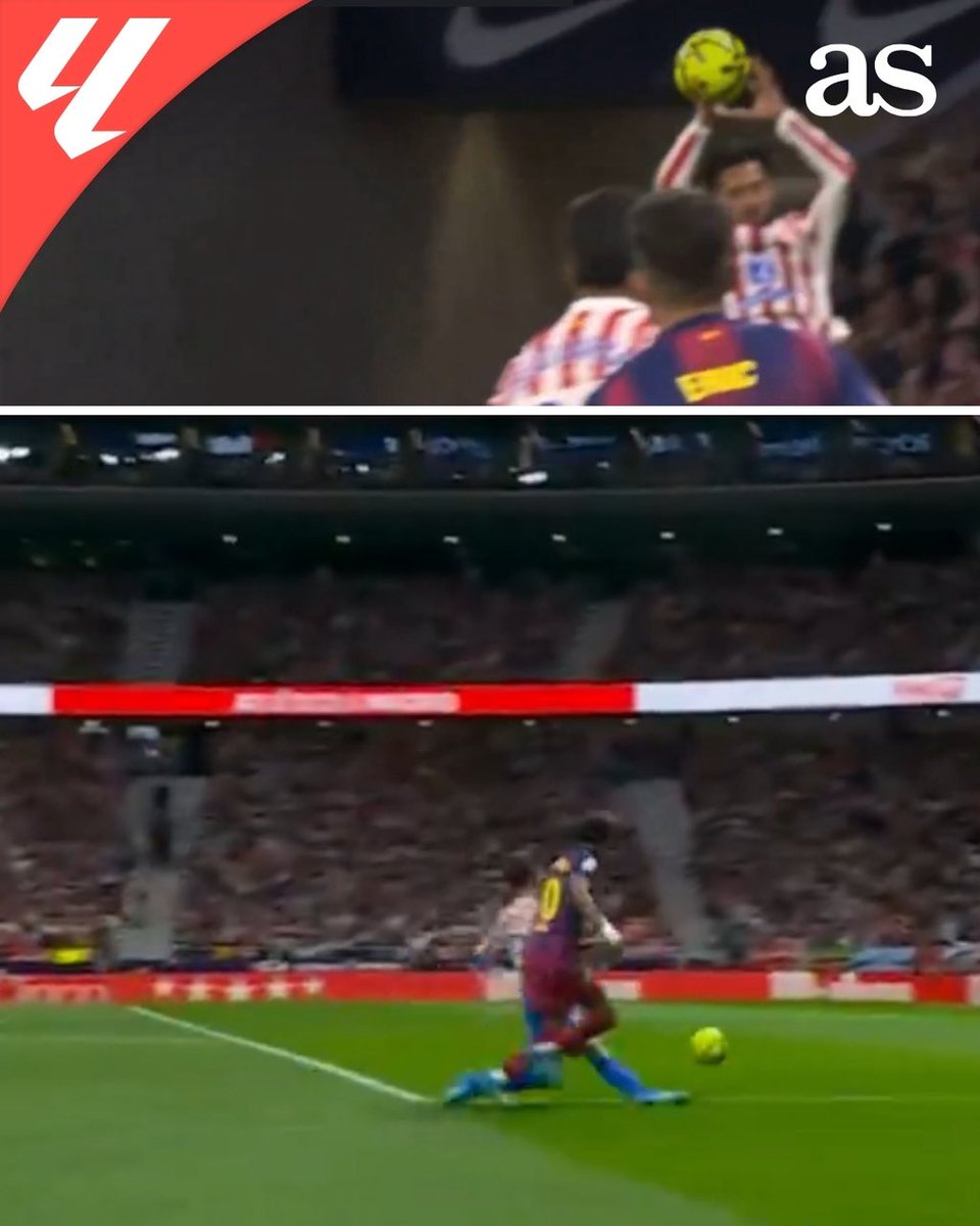 afza80's tweet photo. Intervención bastante curiosa del VAR a última hora: le cambiaron a Nico González la segunda amarilla... por roja directa por esa falta a Lamine. La primera fue por mano.

 #AtletiBarça https://t.co/mAfo5ybxyQ