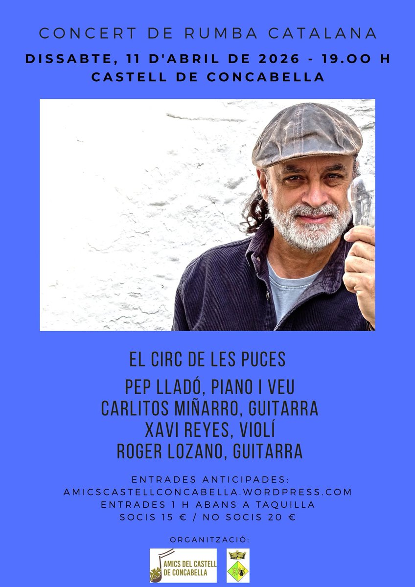 AmicsConcabella's tweet photo. Dissabte vinent, 11 d'abril 19 h, concert de rumba catalana amb @pepllado &amp; Two Rivers Band al Castell de Concabella. XI Temporada cultural 2025-2026. Entrades i informació: https://t.co/WozSbJQ9rk No us el perdeu! https://t.co/Yd2RTRLVGF