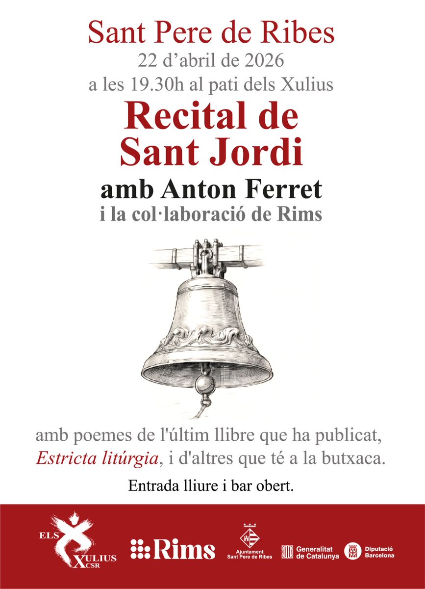 xulius's tweet photo. Els Xulius organitzem per primer any un recital poètic la vigília de Sant Jordi. Enguany anirà a càrrec d'Anton Ferret, que amb la col·laboració del col·lectiu Rims, oferirà poemes del seu darrer llibre, Estricta Litúrgia i altres que en té a la butxaca. https://t.co/fELI776PRf