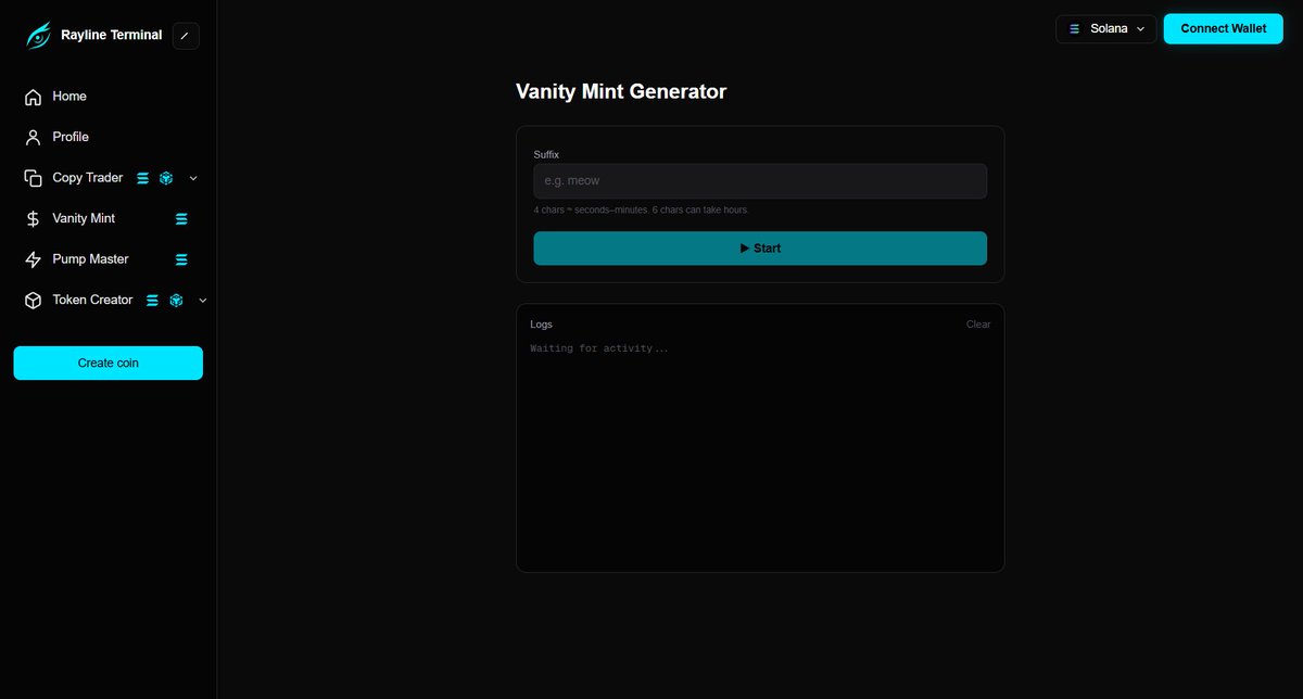 RaylineTerminal's tweet photo. Vanity mint generator is live !

Exclusive tool for generating custom addresses, wallet address, token address, any solana address !

Generate your custom address by adding any suffix to the end of your address 

Custom address example: [address]RAYLINE

mint now for free !

https://t.co/frpe4dYnMp