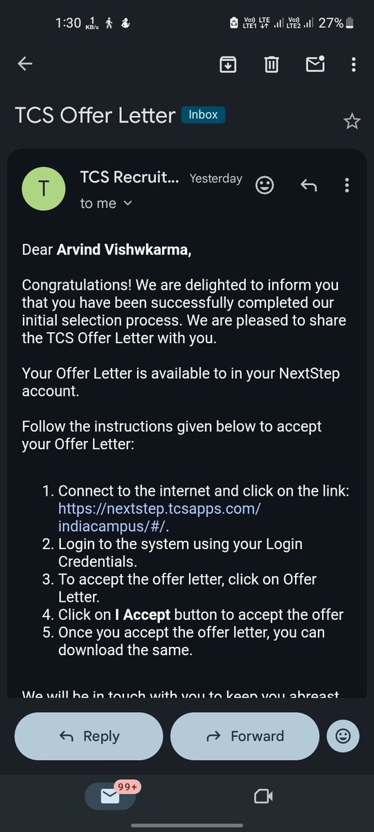 arvind_62064's tweet image. After facing 10–12 interview rejections, finally received an offer from Tata Consultancy Services through TCS National Qualifier Test 🚀
Never give up. It’s worth it.
#Placement #TCS #NQT #NeverGiveUp