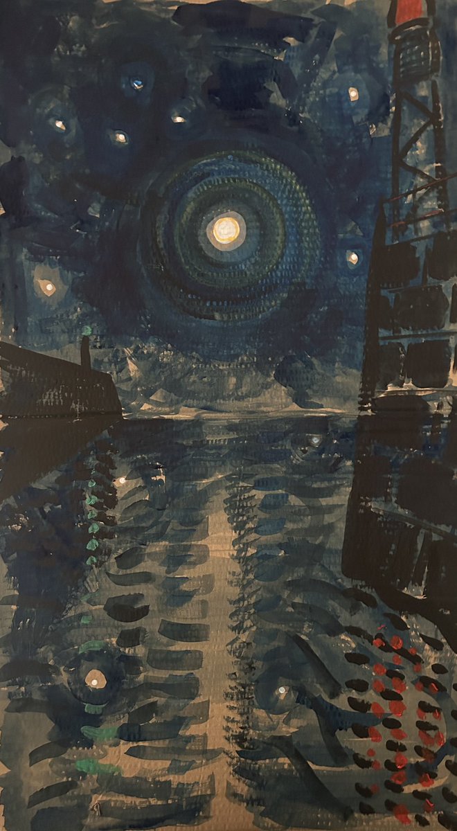 danindidsbury's tweet photo. Been doing a lot of paintings of the moon. Here’s Whitby harbour (or some approximation of it). Acrylic on cardboard. https://t.co/U37zrRGd47