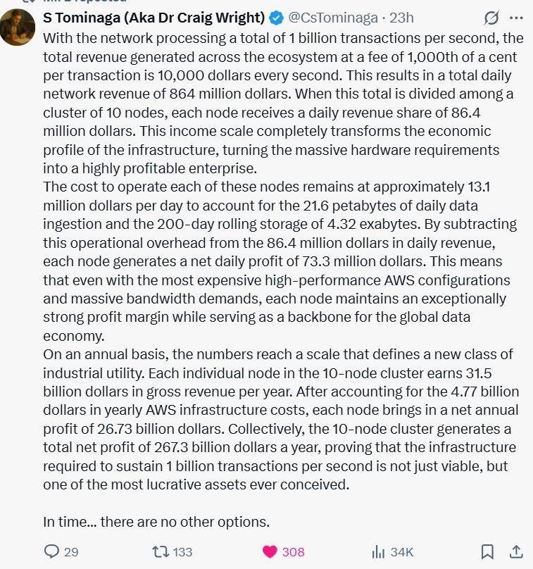 only BSV is BITCOIN.
The only medium is the BSV TERANODE on the BSV BLOCKCHAIN.

Over One Million Transactions Per Second.
Nothing else ON EARTH can touch this.

Just think what this can do for your business.
BSV - the future of all Global Transactions.

RE-POST RE-POST RE-POST