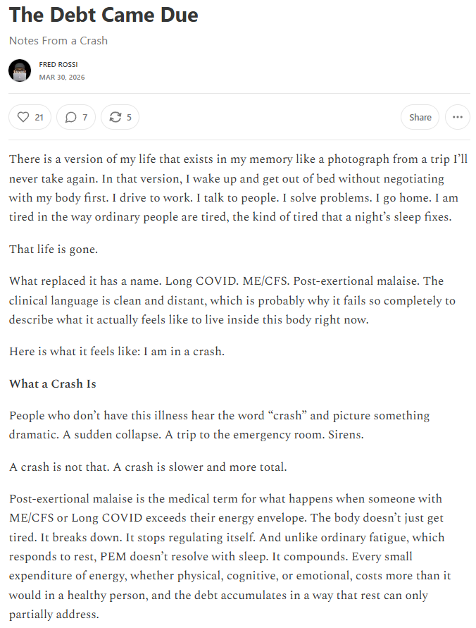 🧵
Thoughtful blog post by someone with #LongCovid &amp; #MEcfs. Initially focuses on describing the PEM effects of working 3 days in a row before discussing how the whole illness(es) &amp; the effect it is having on his life is making him feel emotionally

centerleftstack.substack.com/p/the-debt-cam…

1/