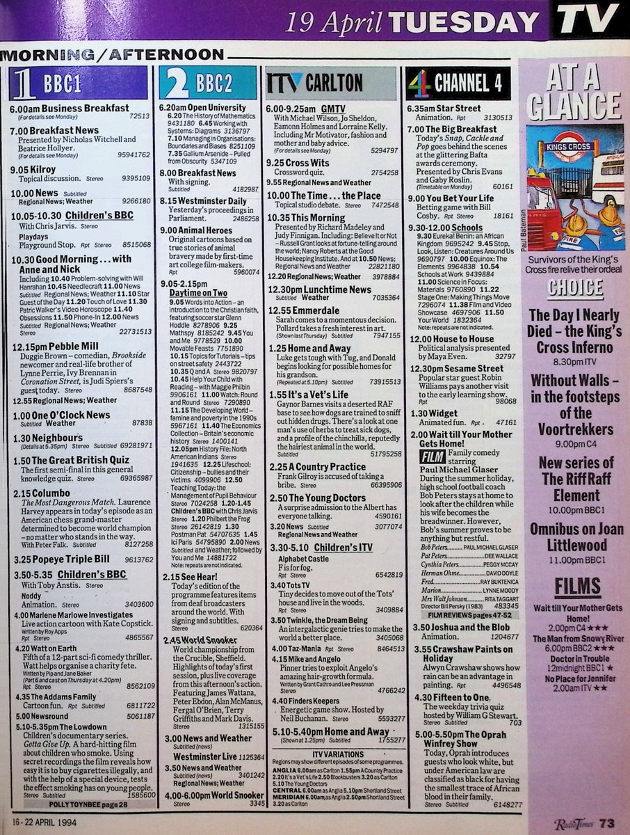 TvDidYouSee's tweet image. #OnThisDay 19 April 1994 📺TV Listings
After 13 years, 40 MINUTES comes to an end.
Annie's out of her coma in #Emmerdale.
There's a Sun Hill showdown in #TheBill.
The return of THE RIFF RAFF ELEMENT on BBC1.
The King's Cross fire is remembered in THE DAY I NEARLY DIED.