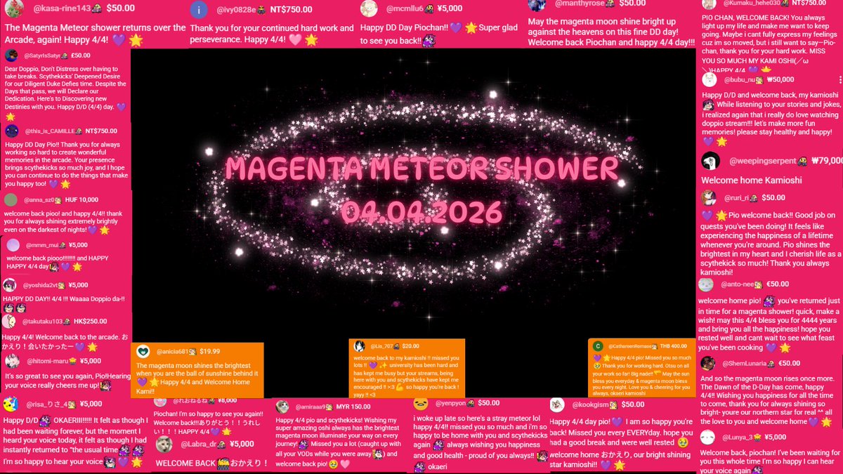 Magenta_Moon4's tweet photo. 💜🌟 4/4 MAGENTA METEOR SHOWER 💜🌟

Thank you to everyone who participated through superchats, membership milestones, and chat messages!! This years meteor shower was so beautiful and a perfect way to welcome our kamioshi back home to the Arcade!

#Dropstonight https://t.co/wwTyQYGI2A