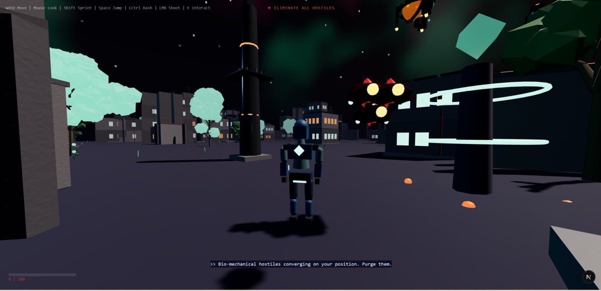 Just started making my entry for #vibejam 2026, first screenshot is here!

Everything is procedurally generated, objects, materials, animations. As for the engine, I went with <a href="/threejs/">Three.js</a>

It's going to be single player with a story arc