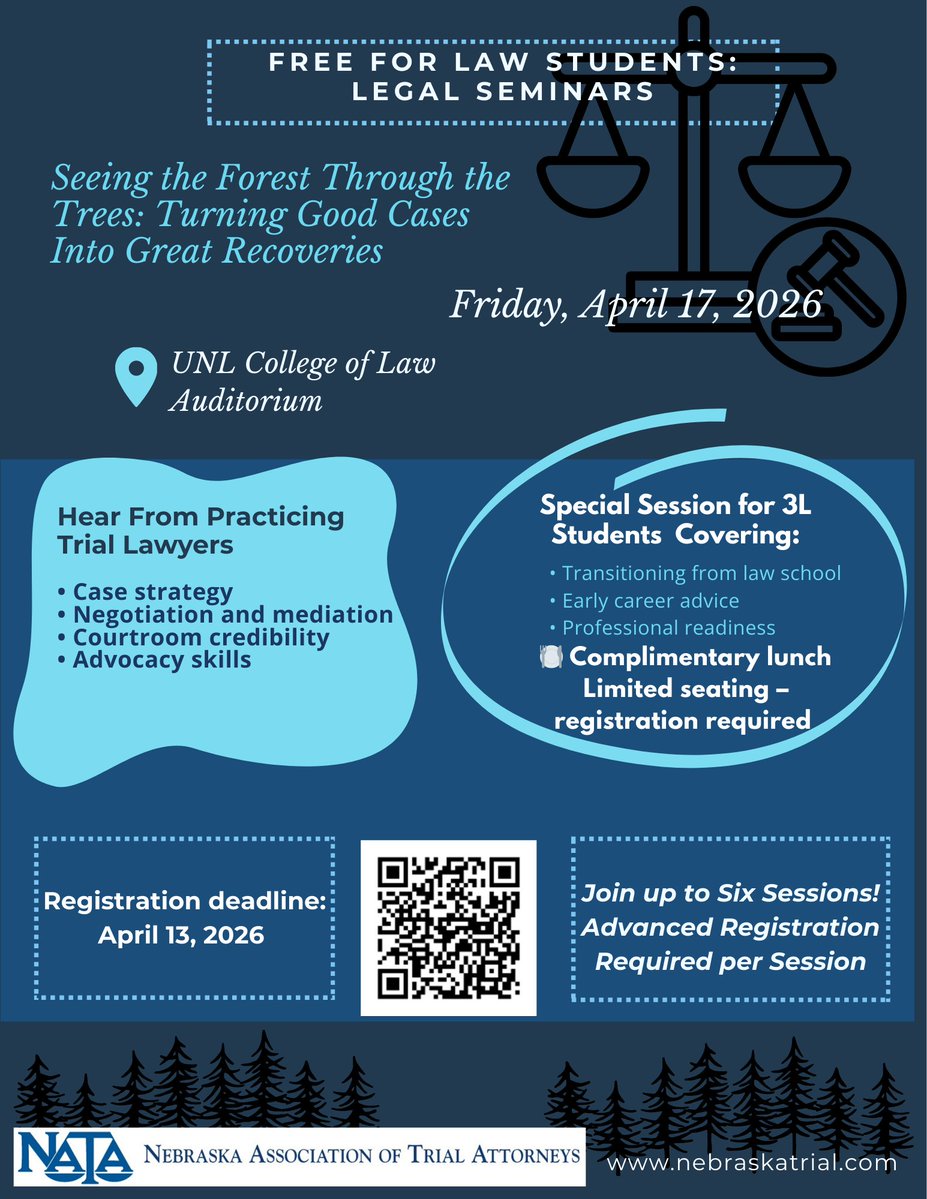 NETrialAttys's tweet photo. Law students are invited to join us for our upcoming CLE seminar at @UNLCollegeofLaw on April 17th! We are even offering a special session for 3L students on transitioning from law school, early career advice, and professional readiness.

Register at: https://t.co/U8hUDpxY3X https://t.co/p67PMCs4gE
