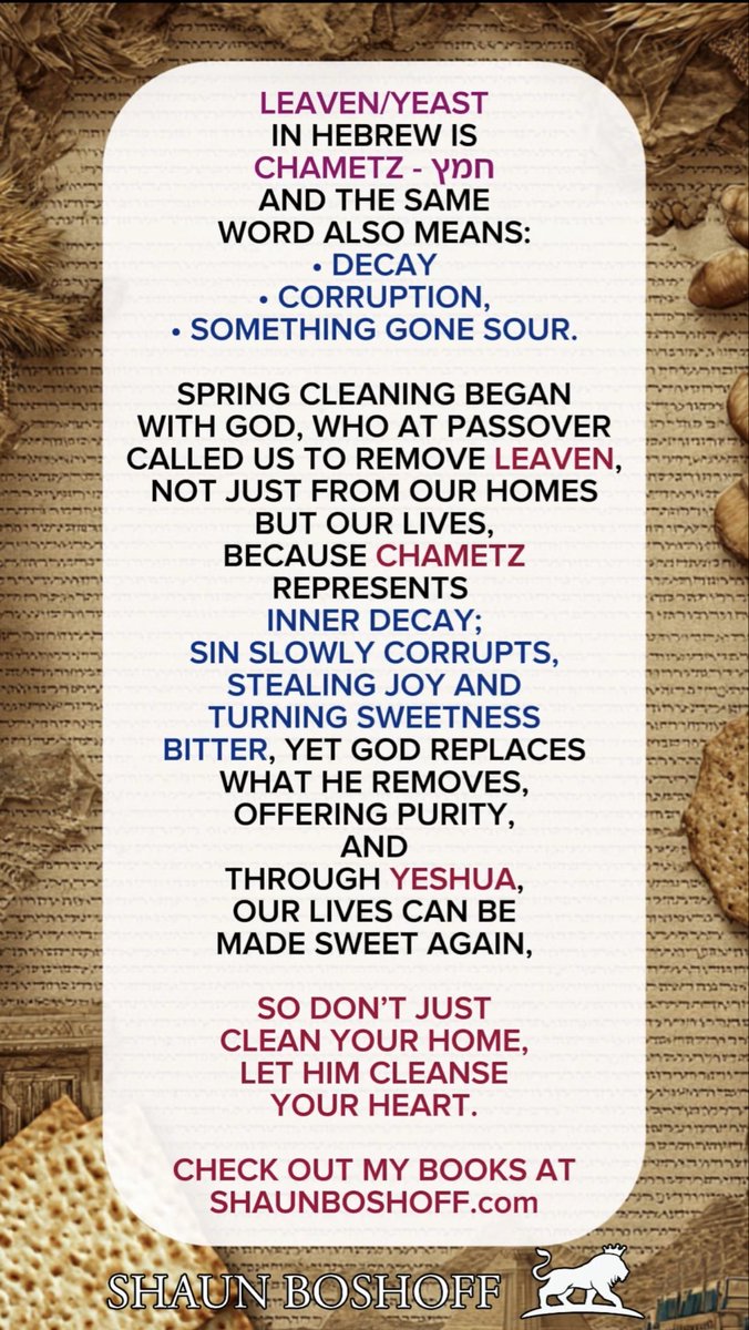shaunboshoff's tweet photo. Most people think Passover is about tradition.
But it’s actually about transformation.

God didn’t just ask His people to clean their homes,
He was pointing to something deeper.

Chametz (leaven) represents what sin does to us:
It spreads quietly.
But then comes matzah—
pure! https://t.co/yDt0uRs58f