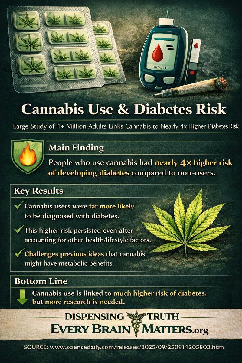 EveryBrainMatt's tweet photo. 🧠 New research suggests cannabis use may be linked to a significantly higher risk of developing type 2 diabetes.

As cannabis use becomes more common, this study raises important questions about long-term metabolic health.

Read more: https://t.co/393SwYrDj5

#CannabisResearch #DiabetesAwareness #PublicHealth #CannabisRisks #MentalHealth #EveryBrainMatters