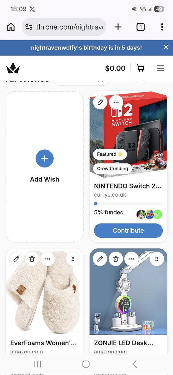 Last post before bed 🛌 😴 its my bday 🎂 on Wednesday will I get at least 10% or even fully funded who knows manifesting for everyone 💜 and myself.  throne.com/nightravenwolfy throne.com/nightravenwolfy