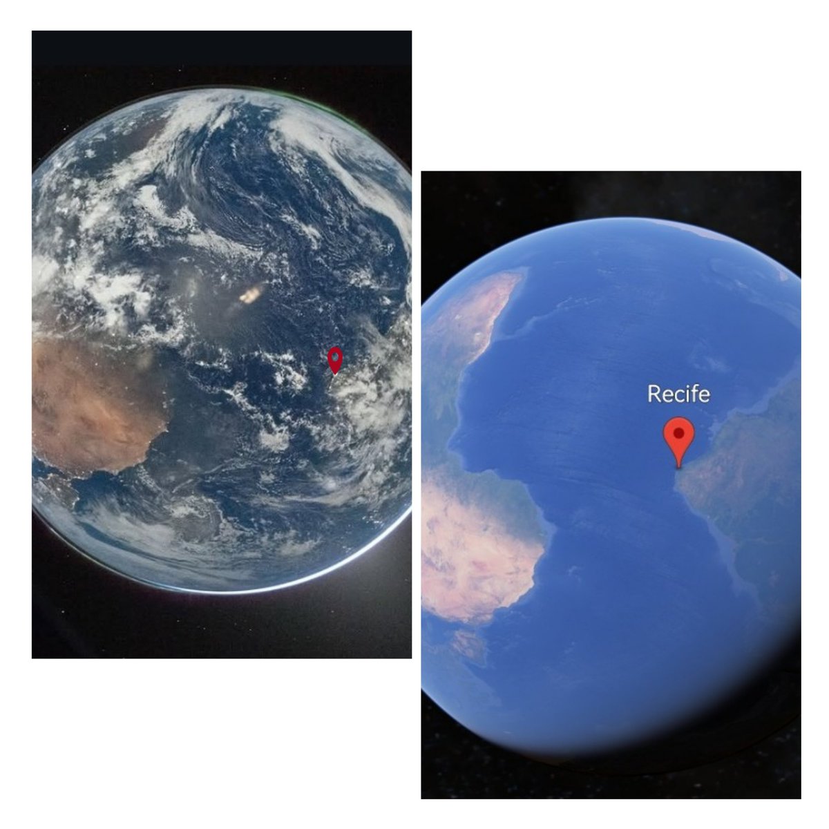 _jamaike's tweet photo. E na foto mais recente da #Terra crescente brilhante, numa distância de 65.000km, aparece meu Recife. Vale lembrar, que o planeta está de "cabeça pra baixo" e com o Saara enorme, nos dizendo o óbvio sobre a cartografia eurocêntrica(Mercator, 1569). #AmericaInvertida #NASA https://t.co/RQyBP1o6LH