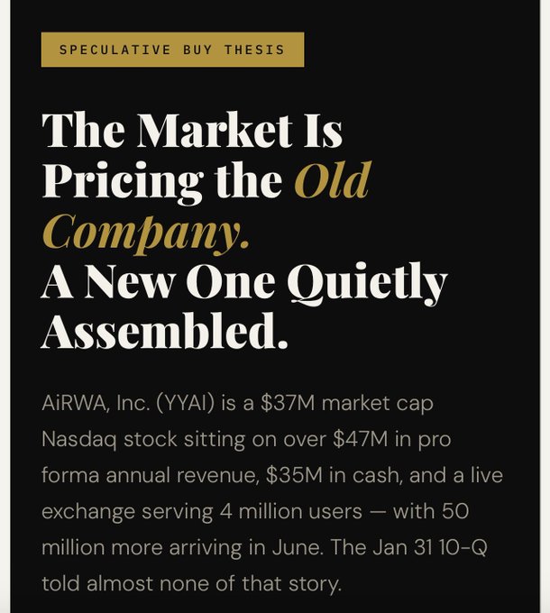 JWCircusShow's tweet photo. @Jucom_ZH $YYAI (AiRwa) News summary: 200,000,000 $ in Assets &amp; 36,000,000 $ in cash! Major inside Buying! Airwa Exchange launched in March 2026. That will reflect in next filing.  More about this #Tokenization #RWA tokenization RWA stock.
https://t.co/sgdEH38saL https://t.co/ha5YbmJS7s