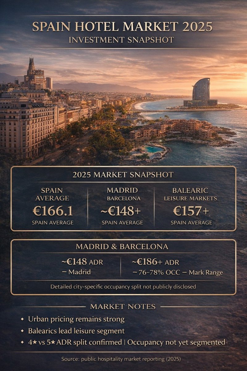 Spain’s hotel market isn’t just about occupancy anymore.
2025 snapshot: ADR €166 OCC 75%
• Madrid &amp; Barcelona pricing strong
• Balearics leading leisure ADR
Gap between 4★ vs 5★ ADR is visible. Occupancy split isn’t.
Key: Not volume, pricing power + guest spend #Hospitality