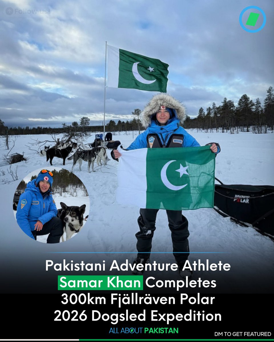 Aboutpakistan90's tweet photo. Pakistani adventure athlete and snowboarder Samar Khan has successfully completed the Fjällräven Polar 2026, finishing a 300-kilometer dog sled expedition across the frozen Arctic tundra.
#Pakistan #SamarKhan #arcticexpedition @SKhanAthlete https://t.co/7ucpy9QFEe
