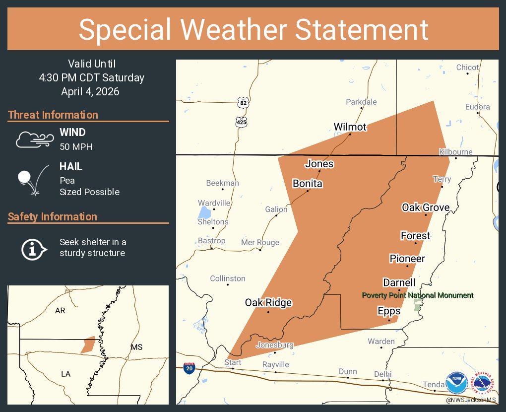 A special weather statement has been issued for Oak Grove LA, Epps LA ...