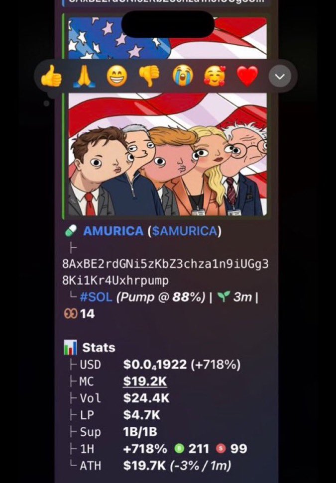 SeedSummoner's tweet photo. Called $AMURICA at $19K MC 🚀
Early alpha, strong upside still on the table.

CA: 8AxBE2rdGNi5zKbZ3chza1n9iUGg38Ki1Kr4Uxhrpump
TG: https://t.co/s4wp1f1jsn

#memecoin #Solana https://t.co/rvzu3ETlHn