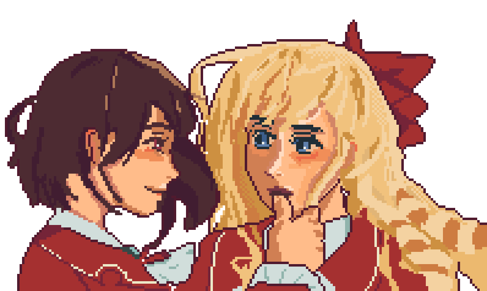 tozatsa's tweet photo. little bit of yuri for a friend's birthday! from im in love with the villainess, but i think i made claire look a little too realistic lol #pixelart #yuri #ドット絵 https://t.co/oV4MuTt7UL
