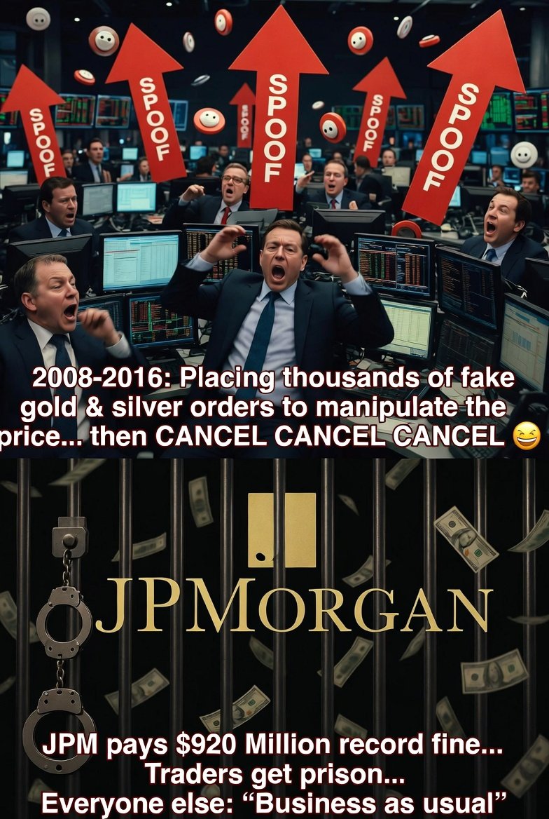 StockShaman's tweet image. "JPMorgan's Billion-Dollar Spoofing Scandal: Fake Orders, Real Prison Time for Traders"
🏦Classic Wall Street: Bank pays fine, traders take the fall. Spoofing still distorts markets. #PreciousMetals #MarketManipulation #SilverJPMorgan Chase paid a record ~$920 million settlement