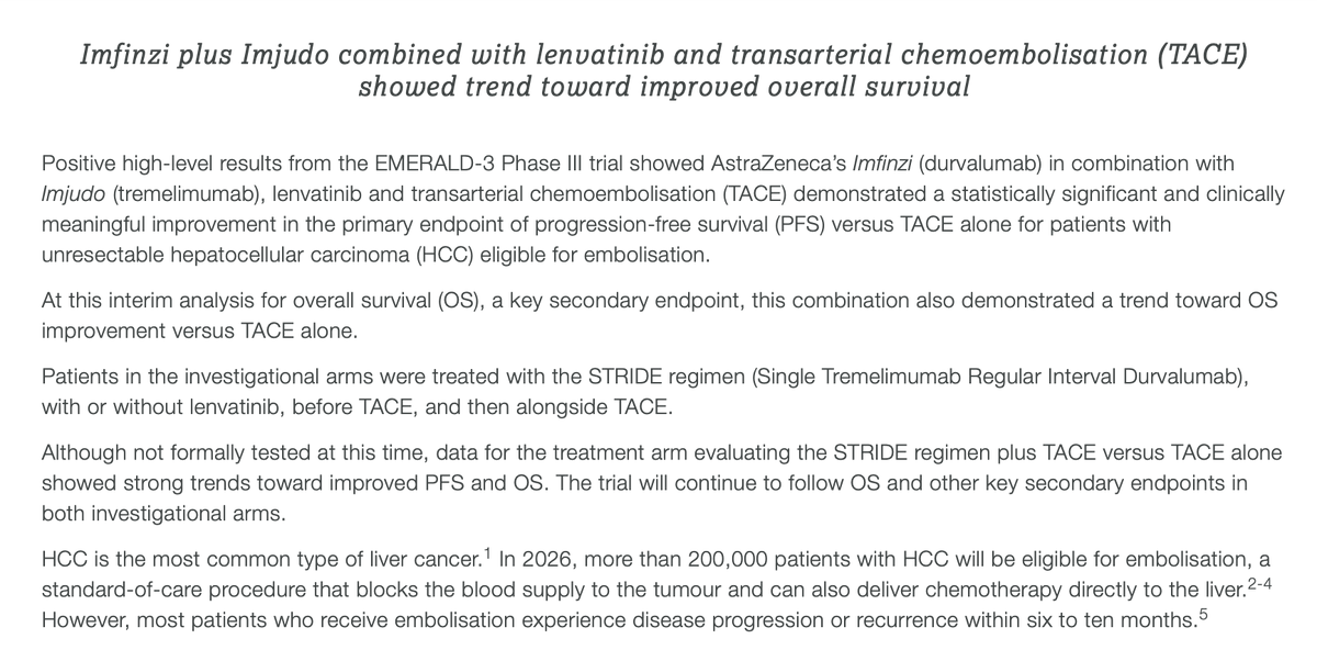 ArndtVogel's tweet photo. 🔥off the press: EMERALD-3 Phase III trial positive.
👉Significant PFS benefit for STRIDE/Lenva + TACE, trend of OS benefit
👉Trend for PFS benefit for STRIDE + TACE
🧐Looking forward to see more details
@myESMO @EASLedu @ILCAnews https://t.co/IC2I4mhhMF