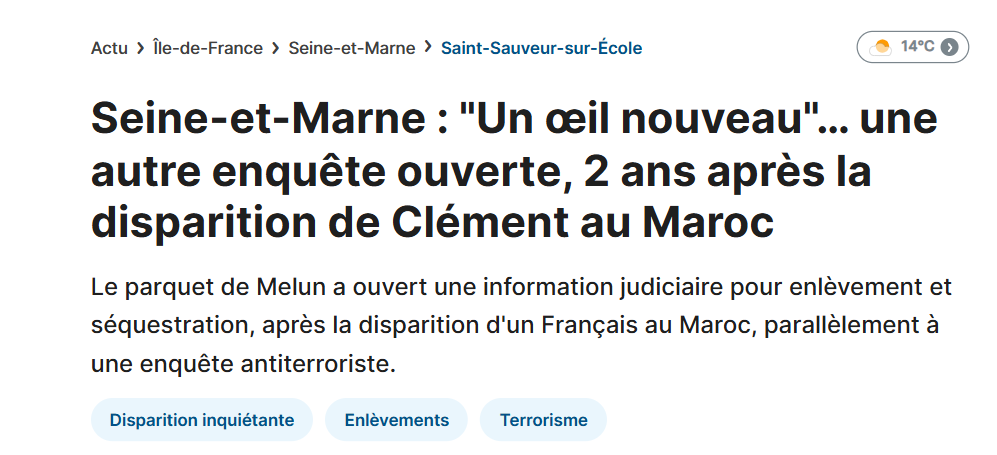 wis3nia's tweet photo. Nouvel article pour Clément #DisparitionClement merci @actufr à lire / écouter ici : https://t.co/hvTR73bbru 

@SeineetMarneAct #SeineEtMarne #Maroc #Rabat #Appelàtémoins https://t.co/ZhGek3xg1T