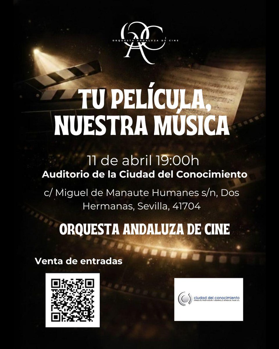 En una semana ¡Tú película, nuestra música! 🎬🎻🥁

Fecha: 11 de Abril
Hora: 19:00
Lugar: Auditorio Ciudad del Conocimiento (C/Miguel Manaute Humanes s/n
Dos Hermanas, SEVILLA, 41704).

Os dejamos el enlace de las entradas ⬇️

giglon.com/evento/tu-peli…

#orquestaandaluzadecine