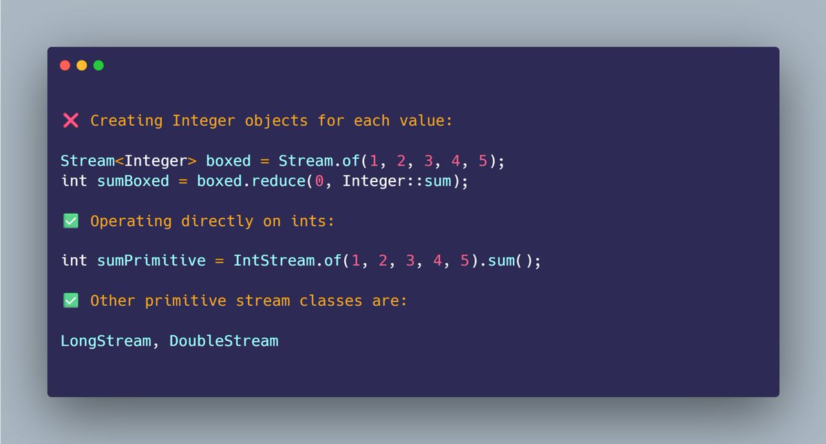mario_casari's tweet image. 💡 Java tip: Avoid boxing overhead by using primitive streams.
#Java #SoftwareDevelopment