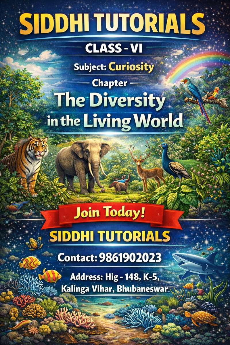 siddhi_tutorial's tweet image. SIDDHI TUTORIALS – CLASS VI SCIENCE 

Subject: Curiosity
Chapter: The Diversity in the Living World

Admissions Open – Join Today!
Contact: 9861902023
Address: HIG-148, K-5, Kalinga Vihar, Bhubaneswar

#SiddhiTutorials #Class6Science #CuriositySubject #DiversityInLivingWorld