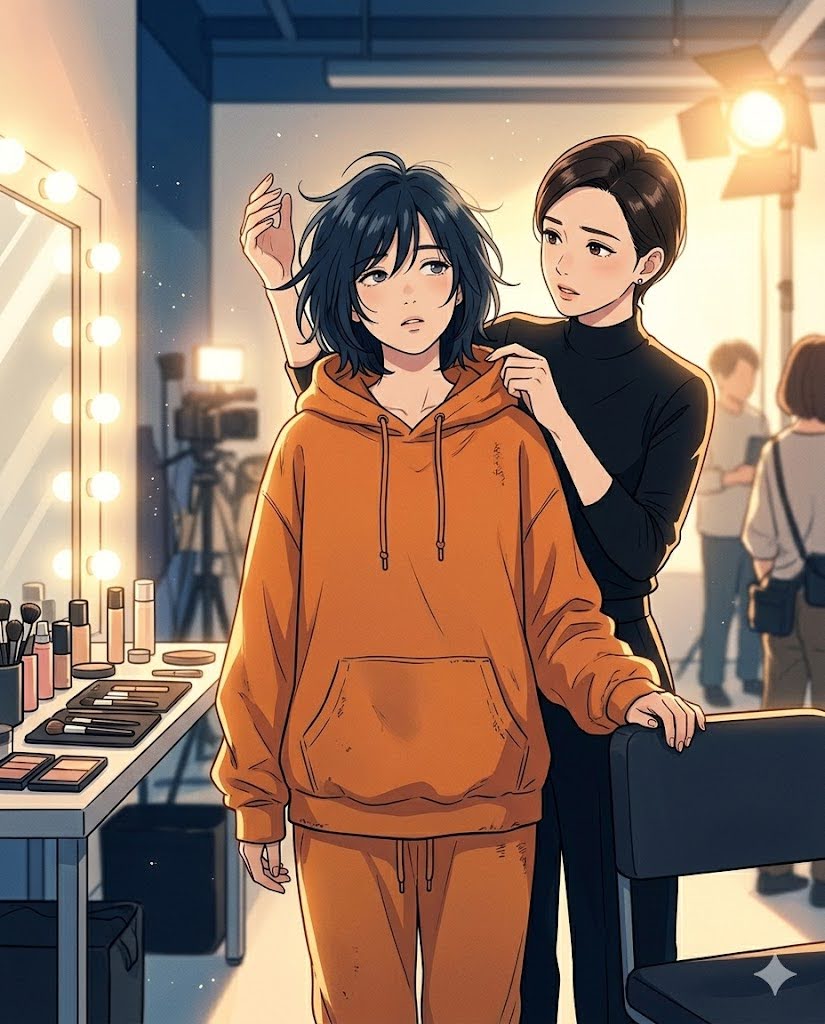 WWMTTB's tweet image. 寝起きのボサボサ髪＆いつものパーカー姿でスタジオ入りし、さっそくメイクさんに面倒をかけているユウです（笑）。

本編でどれだけ「私」について深く悩んでいても、この飾らないマイペースさは変わりませんね。

本編は引用ポストより！
#Dreamy #ユウ #オフショット #寝起き #私が私を発見した日