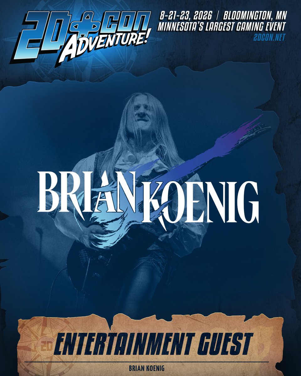 2Dconvention's tweet photo. GUEST ANNOUNCEMENT! 

Get ready to have your faces melted from the musical talents of Brian Koenig! 

See Brian shred, and meet more guests to be announced at 2D Con 2026: Adventure. August 21-23, 2026 in Bloomington Minnesota. https://t.co/3NpZswiv19