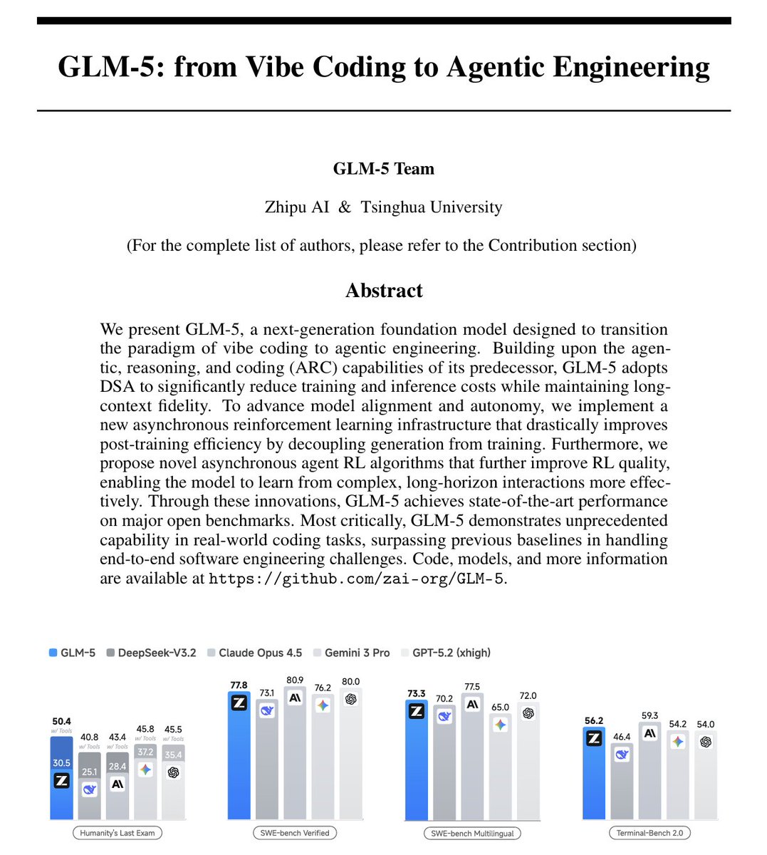 burkov's tweet photo. GLM-5 is a 744-billion-parameter open-weight model from that performs comparably to the best proprietary models (Claude Opus 4.5, GPT-5.2).

The paper documents how they got there. They use reinforcement learning  in an "agentic" setting where each trial might involve the model writing code, running it, reading error messages, and trying again over dozens of steps.

Training on these long interaction sequences is slow because you have to wait for the slowest one to finish before updating the model, so they built an asynchronous system where the model keeps generating new attempts while simultaneously learning from completed ones.

They also describe a sparse attention mechanism that lets the model skip irrelevant parts of its input when processing very long contexts, cutting computation roughly in half without losing accuracy.

The paper explains what worked, what didn't, and why, including details like reward hacking during slide-generation training where the model learned to hide overflowing content with CSS tricks instead of actually improving layouts.

Read with an AI tutor: https://t.co/fhesfkiqnw

PDF: https://t.co/1Q7WCdSpjb