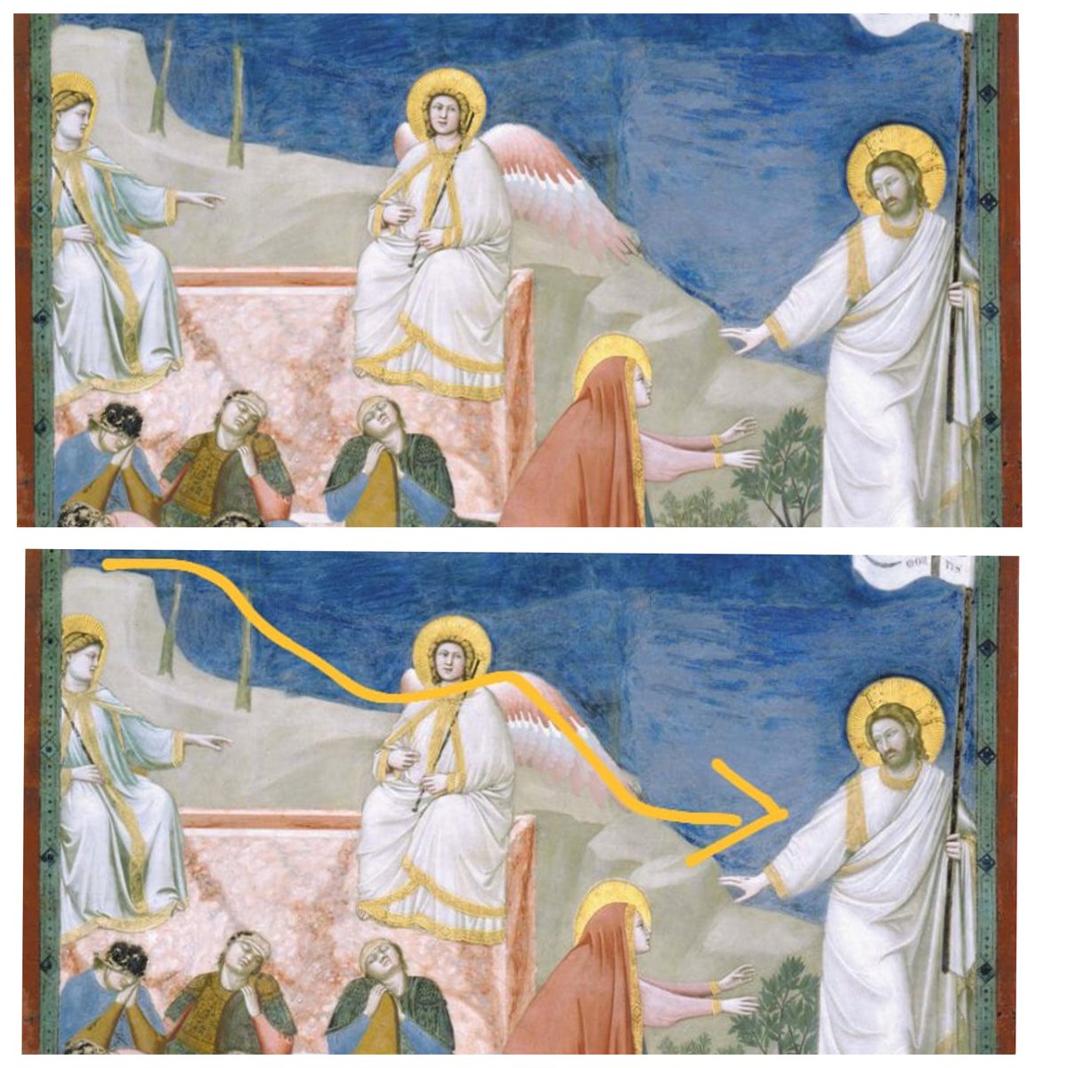 Giotto affresca il sepolcro vuoto. Gli angeli siedono sulla tomba: la Vita vince ogni chiusura.
L'affresco si legge come un testo, da sinistra verso destra. Le rocce, ormai in discesa, raccontano l'inaugurazione del tempo nuovo: Χριστὸς ἀνέστη, Cristo è risorto!

#BuonaPasqua