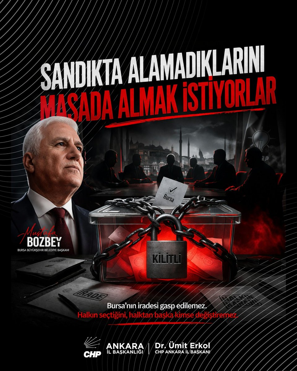 CHPankarailbsk's tweet photo. BURSA BÜYÜKŞEHİR BELEDİYE BAŞKANIMIZ
SAYIN MUSTAFA BOZBEY’E ÖZGÜRLÜK!
Halkın oylarıyla göreve gelen bir belediye başkanının iradesi yok sayılamaz.
Demokrasi yalnızca sandık değil, halkın iradesine saygıdır.

Bursa’nın iradesine uzanan her müdahale, milletin iradesine yöneliktir.
Bu hukuksuzluğa karşı susmayacağız.
Halkın seçtiğini, halktan başka kimse değiştiremez!

@mustafabozbey @BursaicinCHP