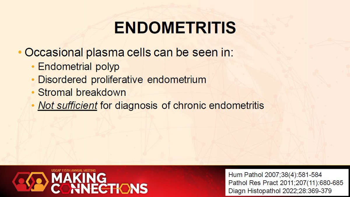 Janiranavarro's tweet image. Occasional plasma cells can be seen in:
- Endometrial polyp
- Disordered proliferative endometrium
- Stromal breakdown

This is not sufficient to diagnose chronic endometritis.

Dr. Parra Herran #USCAP2026 #pathology #PathX #PathTwitter