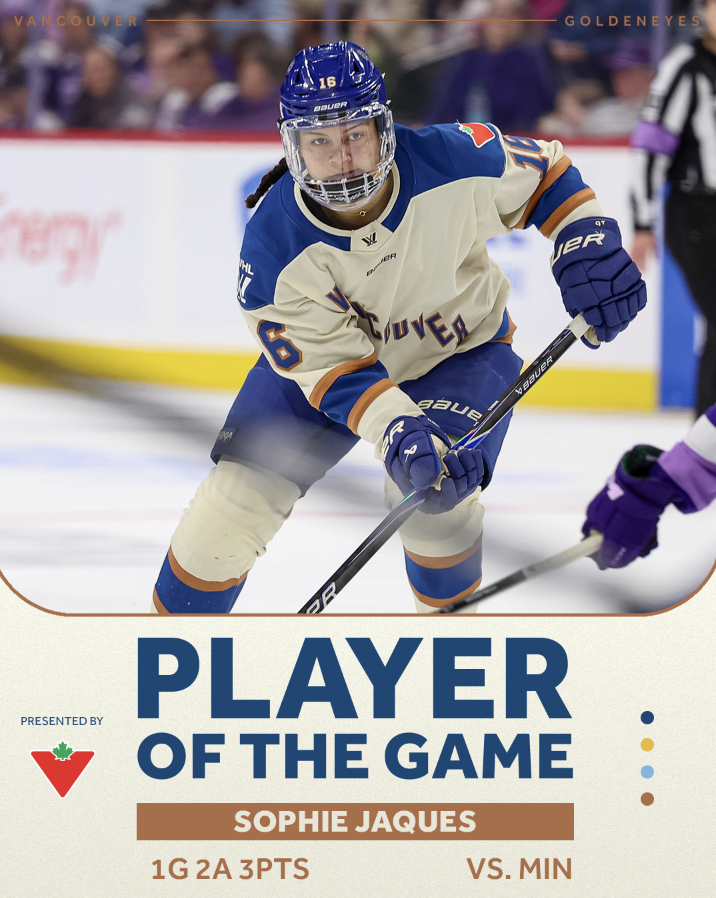 with 3 points in today's game, Sophie Jaques is our Player of the Game 🤩

Goldeneyes x <a href="/CanadianTire/">Canadian Tire</a>
