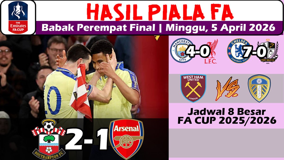 AffaSportChanel's tweet photo. Hasil Piala FA Tadi Malam - Southampton vs Arsenal FA Cup Perempat Final 2026
https://t.co/iEYo31P4V3
#FACup #EFLPL #GGMU #MUFC #MCILIV #CHEPOR #SOUARS https://t.co/KBuwl9roTw