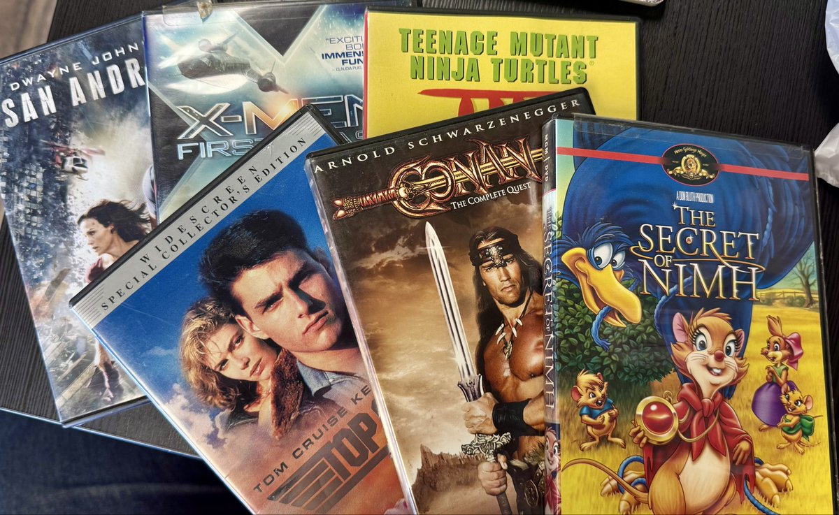 JimmyinGA's tweet photo. $1 DVD Pickups

I bought these movies today for a dollar each:

- San Andreas  
- X-Men: First Class
- Teenage Mutant Ninja Turtles  3

- Top Gun  
- Conan the Barbarian Collection
- The Secret of NIMH  

# physicalmedia #DVD https://t.co/YmF4Y3vQdy