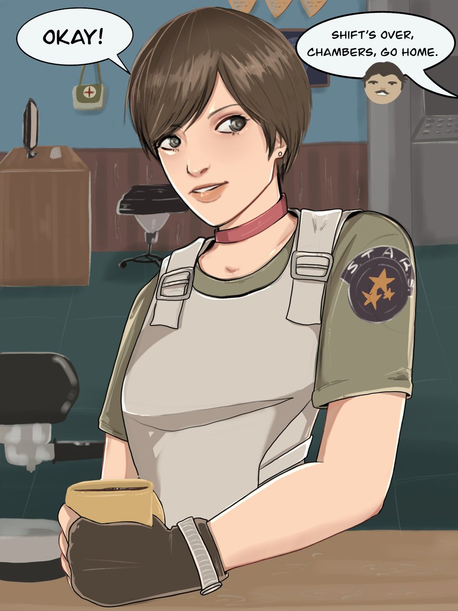 Coufind's tweet photo. #ResidentEvil #AlbertWesker #RebeccaChambers
The perks of morning shifts: ready-made steamed coffee from a forgetful medic. The perks of night shifts: free chocolate from the captain. (part 1) https://t.co/id3kHNxc3m