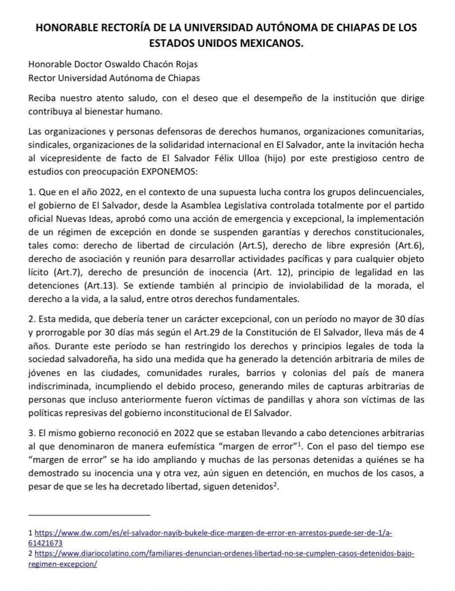 Unidehc's tweet photo. #Incidencia. #Mexico. #DDHH.

@Unidehc. Como parte del Bloque de Resistencia y Rebeldía Popular @Bloque_R; nos unimos a la petición que formalmente se realizo a la Universidad Autonoma de Chiapas Mexico @unach.

📝 En el cual exigimos que no se invite al Vice Presidente (Felix Ulloa) @fulloa51 para hablar de "Derechos Humanos" en el evento organizado para el proximo 08 de Abril 2026 en dicha casa de estudios. 

Pues dicho funcionario pertenece a un Gobierno Salvadoreño que ha cometido graves delitos de lesa humanidad y vulneraciones de derechos humanos. En los ultimos años. @nayibbukele @PresidenciaSV

#DefendemosDDHH. 😎⚖️📝