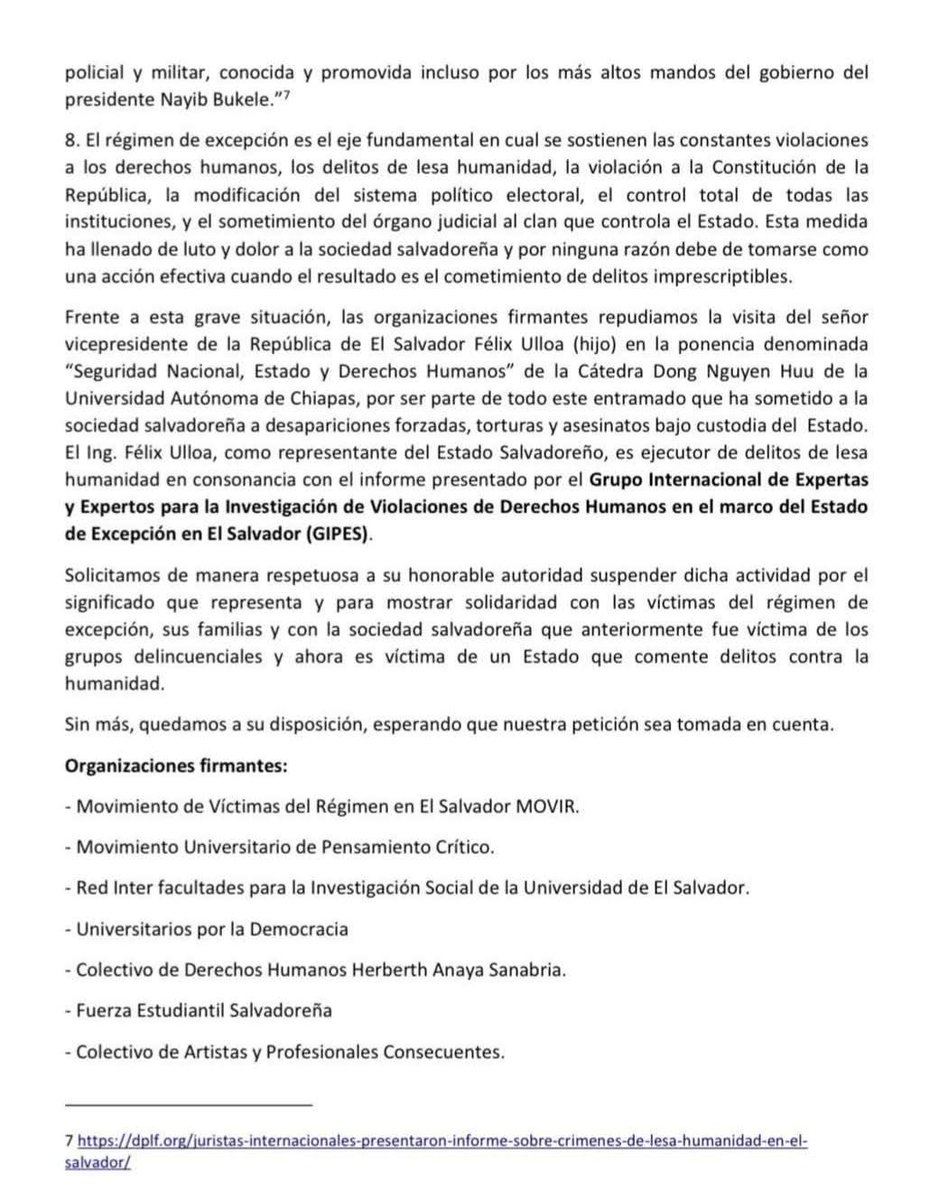 Unidehc's tweet photo. #Incidencia. #Mexico. #DDHH.

@Unidehc. Como parte del Bloque de Resistencia y Rebeldía Popular @Bloque_R; nos unimos a la petición que formalmente se realizo a la Universidad Autonoma de Chiapas Mexico @unach.

📝 En el cual exigimos que no se invite al Vice Presidente (Felix Ulloa) @fulloa51 para hablar de "Derechos Humanos" en el evento organizado para el proximo 08 de Abril 2026 en dicha casa de estudios. 

Pues dicho funcionario pertenece a un Gobierno Salvadoreño que ha cometido graves delitos de lesa humanidad y vulneraciones de derechos humanos. En los ultimos años. @nayibbukele @PresidenciaSV

#DefendemosDDHH. 😎⚖️📝