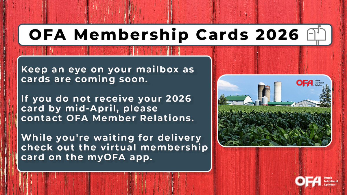 Keep an eye on your mailbox 📬

2026 OFA membership cards are on their way! If yours hasn’t arrived by mid-April, contact Member Relations.

Need it sooner? Access your virtual card anytime on the myOFA app.

🔗 ofa.on.ca/2026-ofa-membe…