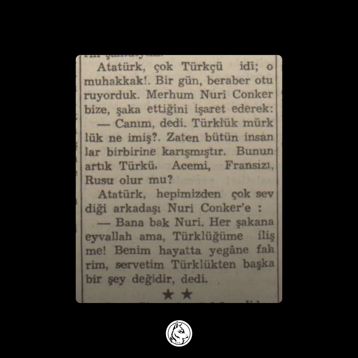 TTAgrup's tweet photo. Atatürk ve Nuri Conker arasında geçen “Türklük” tartışması…

“Bana bak Nuri. Her şakana eyvallah ama Türklüğüme ilişme!”

- Tan Gazetesi https://t.co/ZqkhiSqVmV