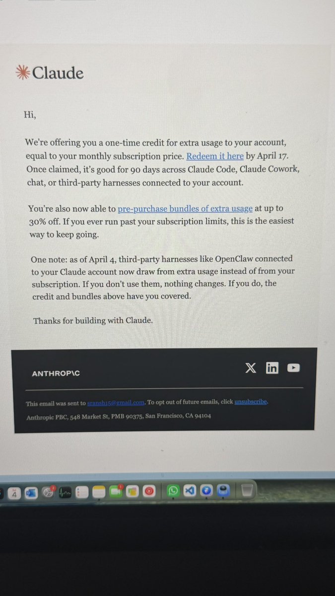 sranshh's tweet photo. Claude just sent me free 20$ credit.. too generous haha https://t.co/a5L7lswSkc