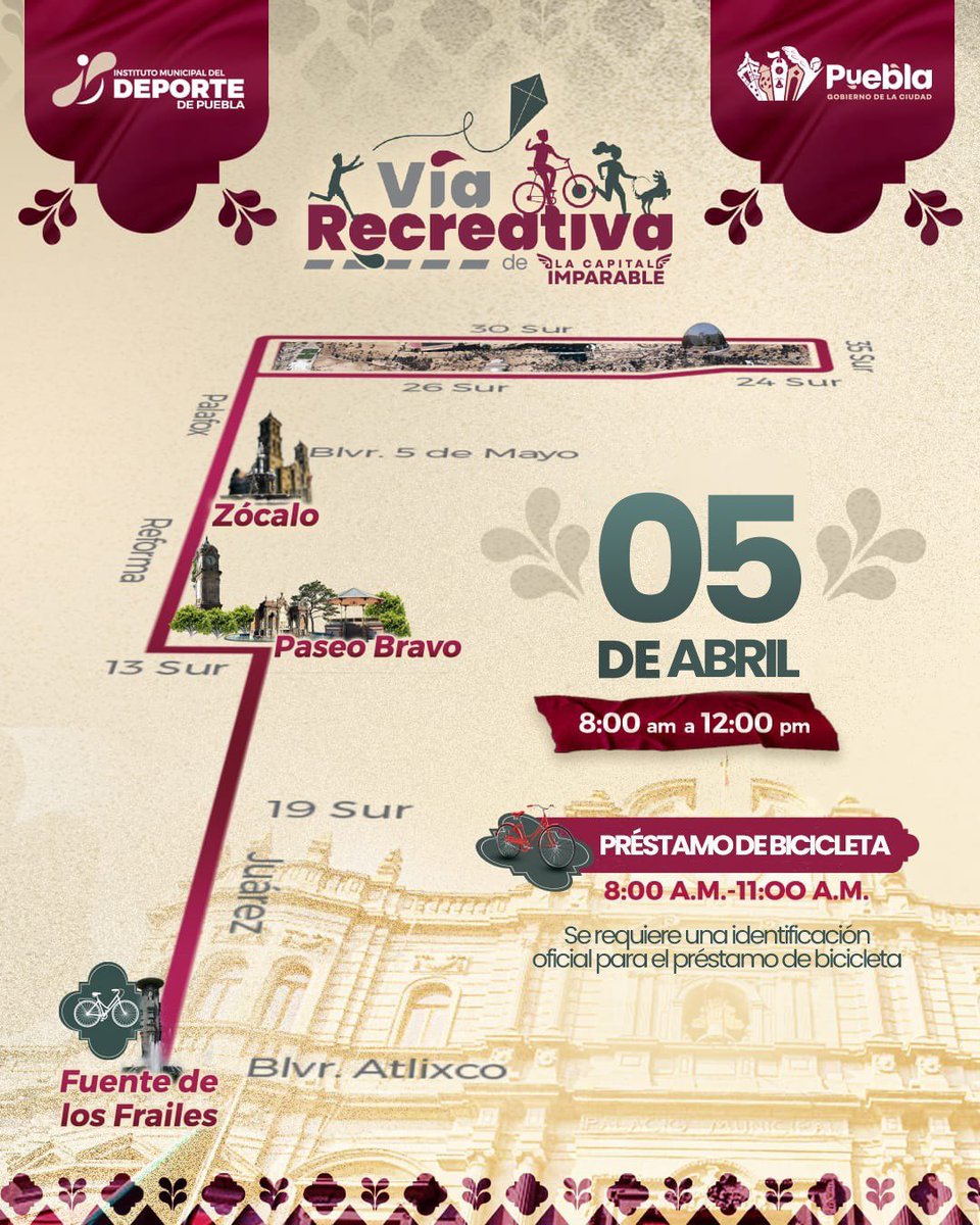 DeportePue's tweet photo. ☀️ Actívate y disfruta la ciudad este domingo

Vive de una mañana llena de energía y deporte con tu familia o amigos.

🚲 Lleva tu ID oficial y un número de teléfono para el préstamo de bicicletas que será únicamente en la Fuente de los Frailes 

¡Nos vemos mañana! 👀 https://t.co/b3O06dWc3a