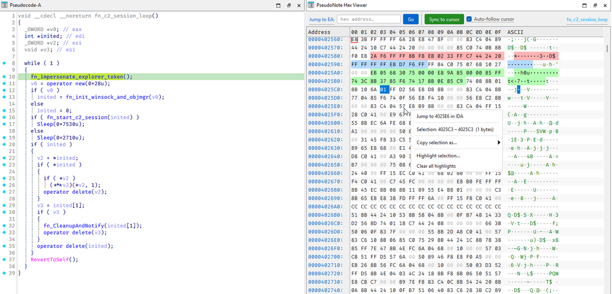 frdfzi's tweet photo. I added a simple hex viewer for IDA in the PseudoNote plugin. It supports highlighting byte ranges, copying selected bytes as hex, Shift + Click to extend selection, cursor sync with the current instruction, and jumping to addresses.

https://t.co/SnfDO6DvtI https://t.co/HbNBoVncjs