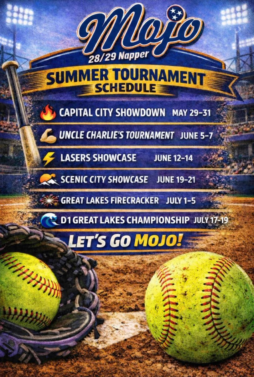 BPacker2029's tweet photo. TN Mojo schedule for summer of 2026. 
Come check us out! Very talented group of young ladies. 
@TNmojoNapper.
#d1championships
#greatlakesfirecracker
#sceniccity
#lasersshowcase
#unclecharlies
#capitalcity https://t.co/cyDgLYIBQY
