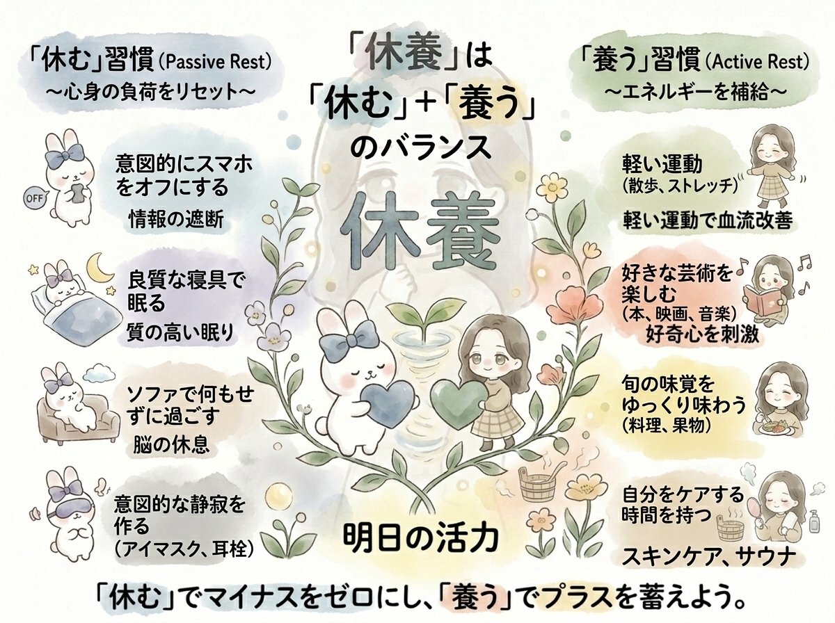 正しい休養の取り方って知ってる？ 人が回復して明日の元気を作るには『休む』と『養う』両方の時間が必要。 5分でいいから1日のなかにバランスよく ...