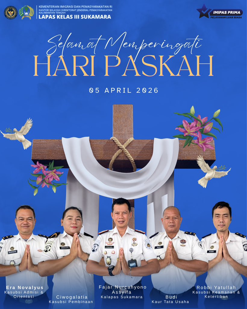 lapassukamara's tweet image. Hallo Sobat Lakara 👋
Keluarga Besar Lapas Sukamara Mengucapkan Selamat Memperingati Hari Paskah, Kebangkitan Yesus Kristus.

“Semoga kasih dan pengorbanannya memberikan kita kekuatan untuk hidup damai, iman dan pengharapan.”

#Fromdreamtoreality
#kemenimipas
#lapassukamara